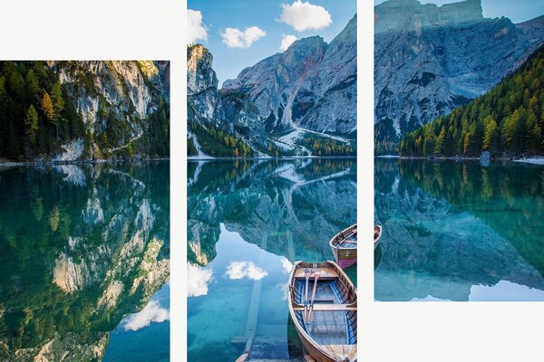 Horské jezero s loďkami – Třídílný obraz C, 90 × 60 cm