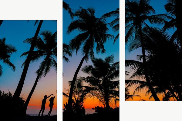 Silueta páru mezi palmami při západu slunce – Třídílný obraz C, 90 × 60 cm