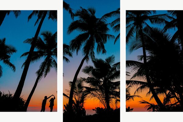 Silueta páru mezi palmami při západu slunce – Třídílný obraz B, 90 × 60 cm