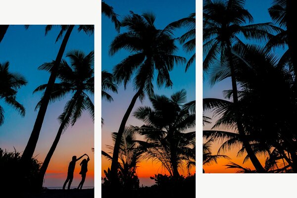 Silueta páru mezi palmami při západu slunce – Třídílný obraz C, 120 × 80 cm