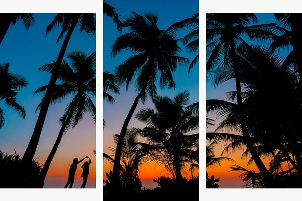 Silueta páru mezi palmami při západu slunce – Třídílný obraz B, 120 × 80 cm