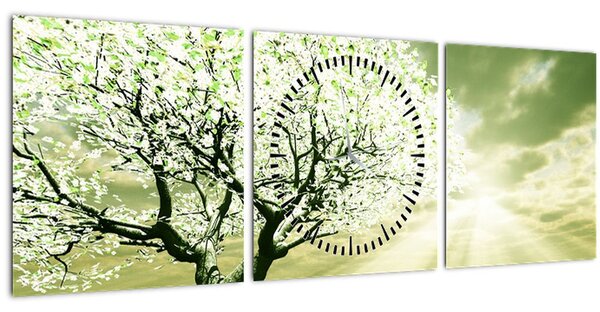 Obraz kvetoucího stromu (s hodinami) (90x30 cm)