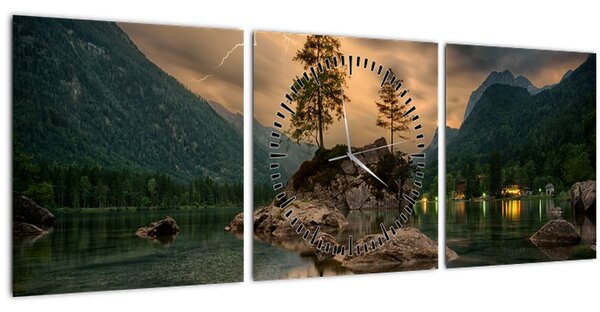 Obraz - jezero v horách (s hodinami) (90x30 cm)