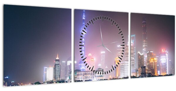 Obraz nočního Šanghaje (s hodinami) (90x30 cm)