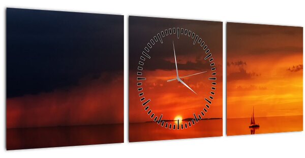 Obraz západu slunce s plachetnicí (s hodinami) (90x30 cm)