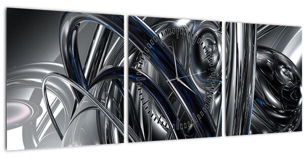 Obraz šedé abstrakce s modrou (s hodinami) (90x30 cm)