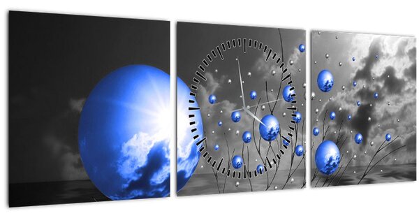 Obraz tmavé modrých koulí (s hodinami) (90x30 cm)