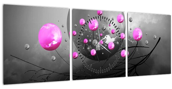 Obraz růžových koulí (s hodinami) (90x30 cm)