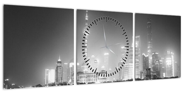Obraz moderních mrakodrapů (s hodinami) (90x30 cm)