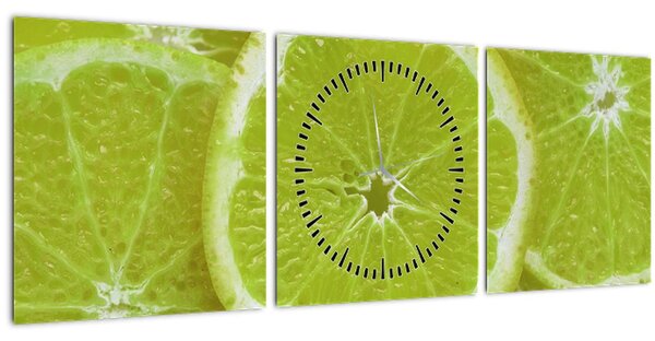Obraz - citróny na řezu (s hodinami) (90x30 cm)