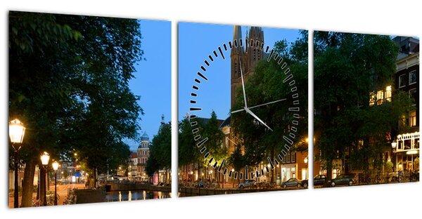 Obraz nočního historického města (s hodinami) (90x30 cm)