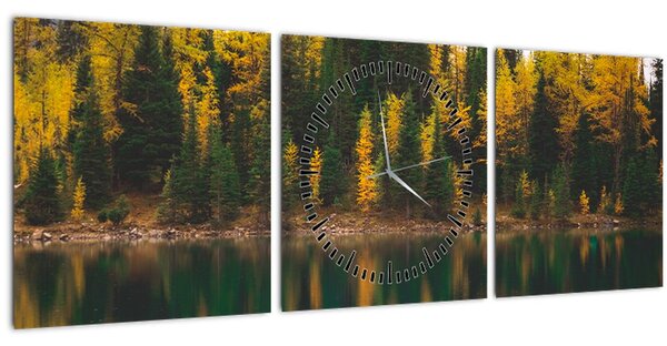 Obraz lesního jezera (s hodinami) (90x30 cm)