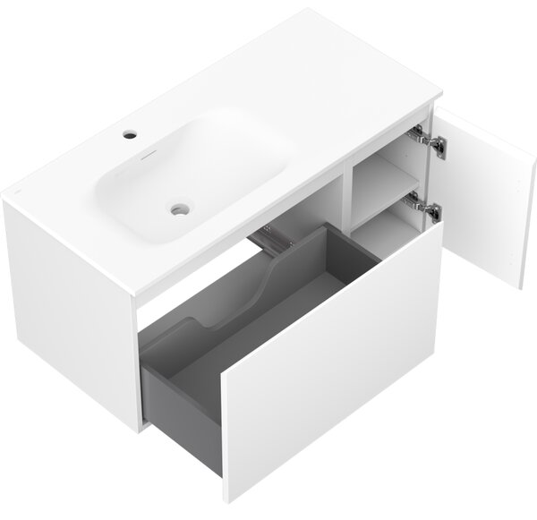 Mexen Orio, koupelnová skříňka 90 cm s umyvadlem Vela levá, 1S, 1D, bílá matná, 91A13-09047-3-BBFF01-W23L01