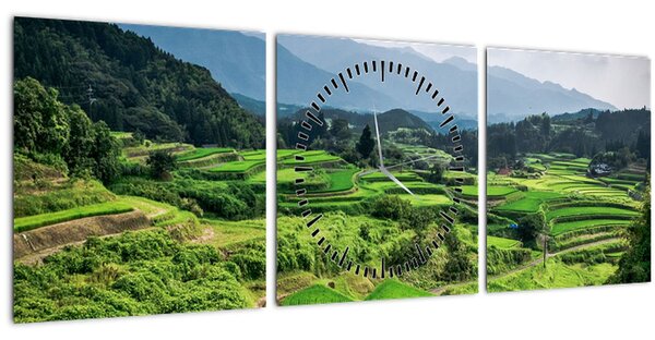 Obraz rýžových polí (s hodinami) (90x30 cm)