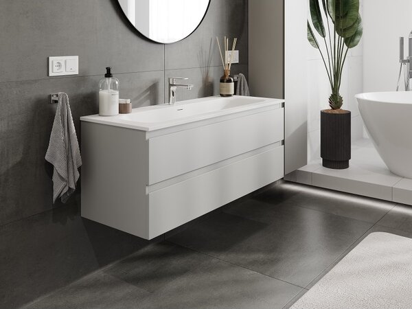 Mexen Orio, koupelnová skříňka 120 cm s umyvadlem Vela, 2 zásuvky, šedá matná/bílá matná, 91A10-12047-2-BFF62-W23M01