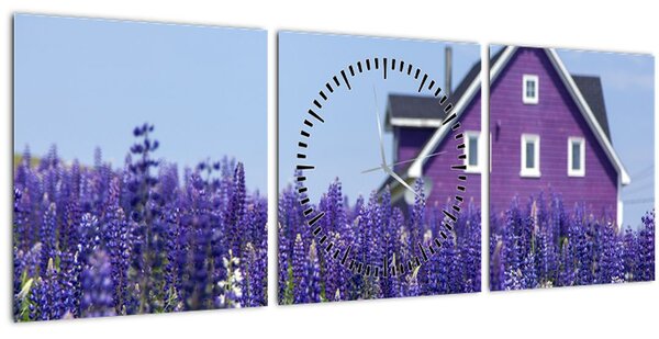 Obraz levandulového pole (s hodinami) (90x30 cm)