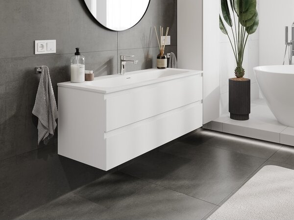 Mexen Orio, koupelnová skříňka 120 cm s umyvadlem Vela, 2 zásuvky, bílá matná, 91A10-12047-2-BFF01-W23M01