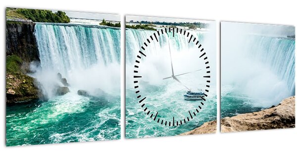 Obraz vodopádů s lodí (s hodinami) (90x30 cm)