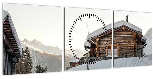 Obraz - horská chata ve sněhu (s hodinami) (90x30 cm)
