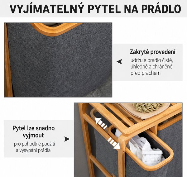 Koš na prádlo z bambusu a polyesteru, 3 vyjímatelné koše, 50 x 32 x 69,7 cm 850-181