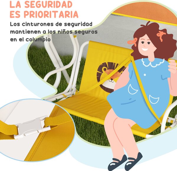 Dětská houpačka Outsunny do zahrady s nastavitelnou stříškou a vzorem lva, nosnost 60 kg, rozměry 110x70x110 cm, žlutá | Aosom