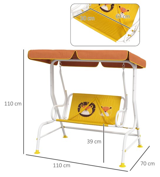 Dětská houpačka Outsunny do zahrady s nastavitelnou stříškou a vzorem lva, nosnost 60 kg, rozměry 110x70x110 cm, žlutá | Aosom