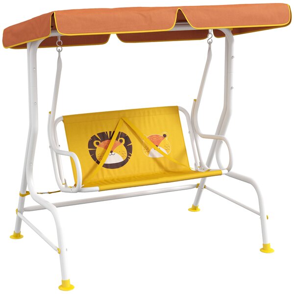 Dětská houpačka Outsunny do zahrady s nastavitelnou stříškou a vzorem lva, nosnost 60 kg, rozměry 110x70x110 cm, žlutá | Aosom