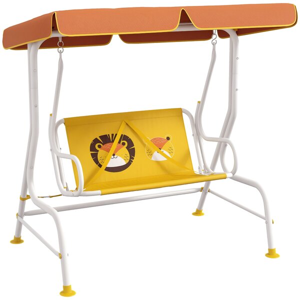 Dětská houpačka Outsunny do zahrady s nastavitelnou stříškou a vzorem lva, nosnost 60 kg, rozměry 110x70x110 cm, žlutá | Aosom