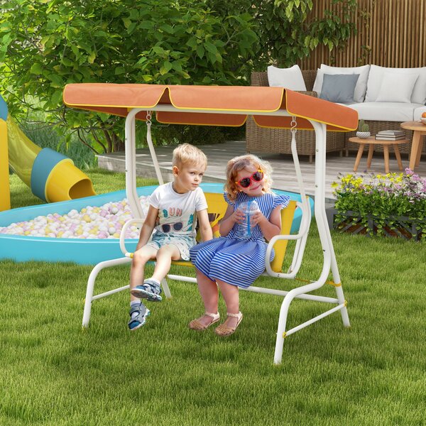 Dětská houpačka Outsunny do zahrady s nastavitelnou stříškou a vzorem lva, nosnost 60 kg, rozměry 110x70x110 cm, žlutá | Aosom