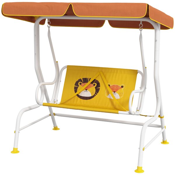 Dětská houpačka Outsunny do zahrady s nastavitelnou stříškou a vzorem lva, nosnost 60 kg, rozměry 110x70x110 cm, žlutá | Aosom