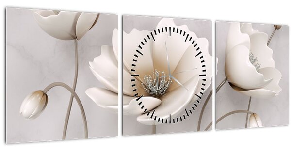 Obraz bílých květin (s hodinami) (90x30 cm)