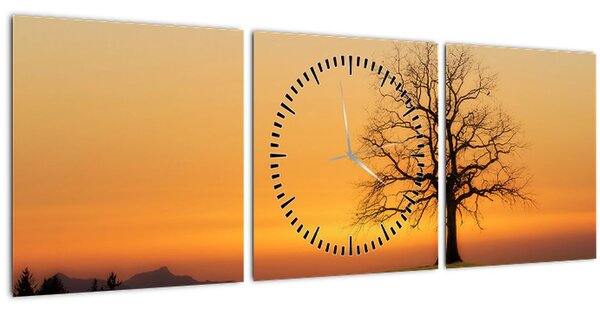 Obraz západu slunce na louce (s hodinami) (90x30 cm)