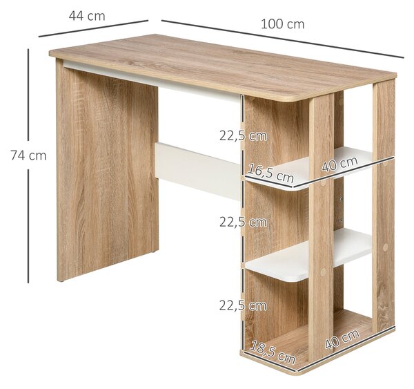 HOMCOM Počítačový stůl s rozměry 100 Š x 44 H x 74 V cm, 3 boční police, dřevo, světlý dub, bílý | Aosom
