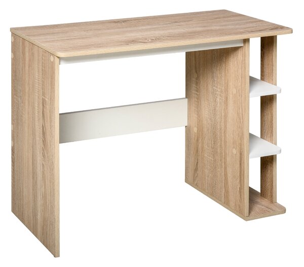 HOMCOM Počítačový stůl s rozměry 100 Š x 44 H x 74 V cm, 3 boční police, dřevo, světlý dub, bílý | Aosom