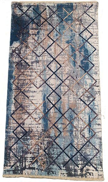HU Moderní béžovo-modrý koberec Banco 1025-MAVI se vzorem čtverců Rozměr: 60x110 cm