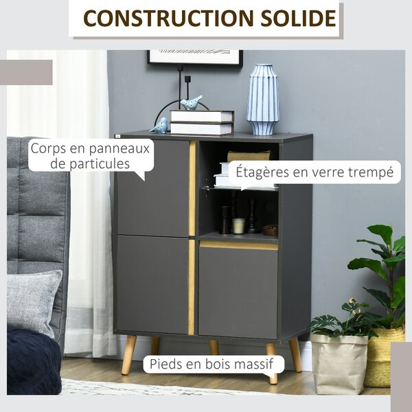 HOMCOM Úložný kabinet, skříň na oblečení, komoda, moderní design, s nastavitelnými policemi a stabilními dřevěnými nohami do obývacího pokoje, ložnice