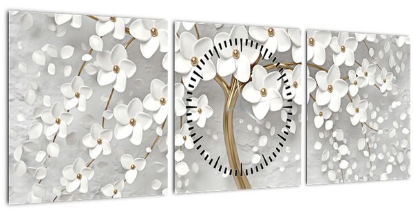 Obraz bílého stromu s květinami (s hodinami) (90x30 cm)