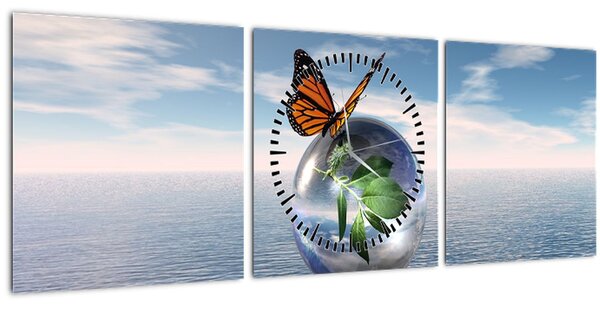 Obraz motýla na skleněné kouli (s hodinami) (90x30 cm)