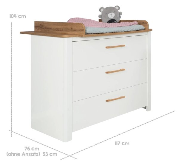 Bílá nízká dětská komoda v dekoru dubu s přebalovacím pultem 119x100 cm Ava – Roba