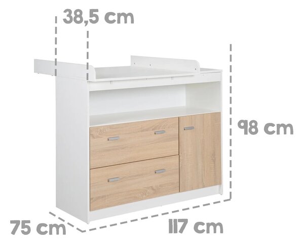 Nízká dětská komoda v dekoru dubu s přebalovacím pultem v bílo-přírodní barvě 117x98 cm Gabriella – Roba