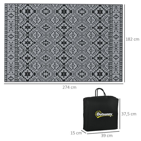 Outsunny Venkovní Koberec, Plastový Voděodolný Reverzibilní Koberec, Zahradní Koberec na Kempování, Terasu, Černá+Šedá, 182 x 274 cm | Aosom