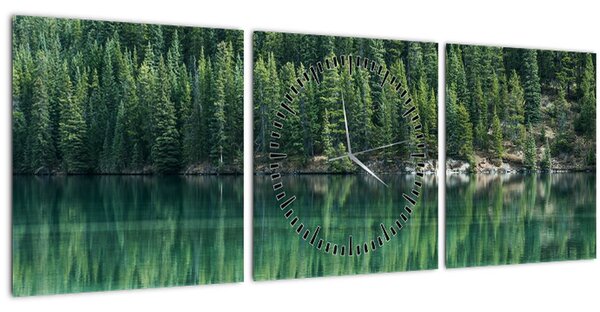 Obraz - Jehličnany u jezera (s hodinami) (90x30 cm)