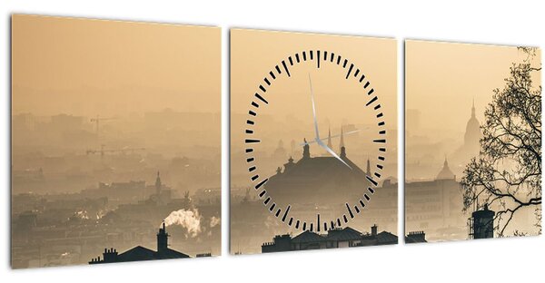 Obraz - Město pod mlhou (s hodinami) (90x30 cm)