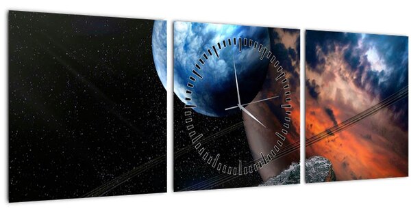 Obraz planety ve vesmíru (s hodinami) (90x30 cm)