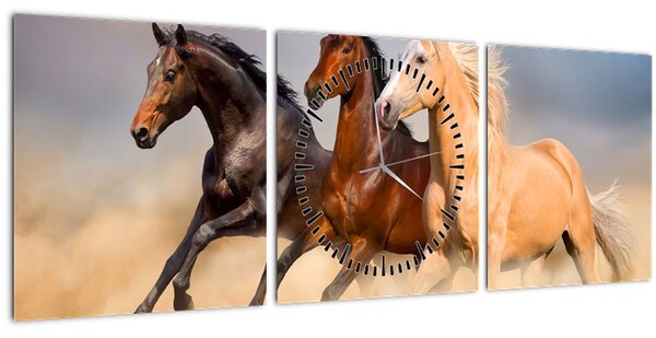 Obraz - Divocí koně (s hodinami) (90x30 cm)