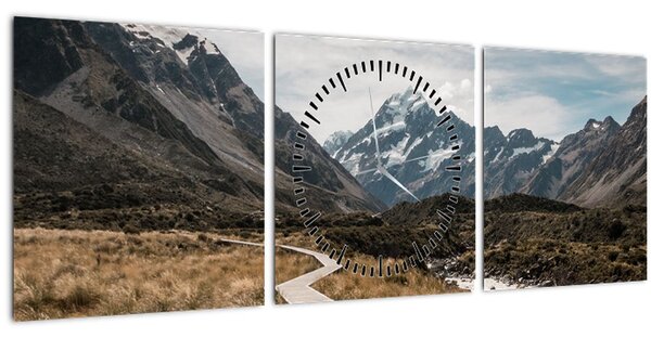 Obraz - Chodník v údolí hory Mt. Cook (s hodinami) (90x30 cm)