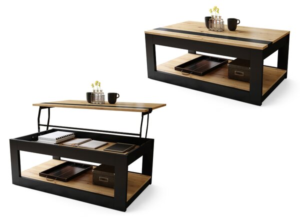 Mazzoni LUSSO Dub Artisan/Černá Matná - MODERNÍ KONFERENČNÍ STOLEK SE ZVEDACÍ STOLNÍ DESKOU + ODKLÁDACÍ POLICE (NA KOLEČKÁCH!)
