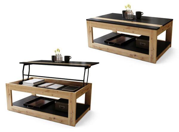 Mazzoni LUSSO Černá Matná/Dub Artisan - MODERNÍ KONFERENČNÍ STOLEK SE ZVEDACÍ STOLNÍ DESKOU + ODKLÁDACÍ POLICE (NA KOLEČKÁCH!)