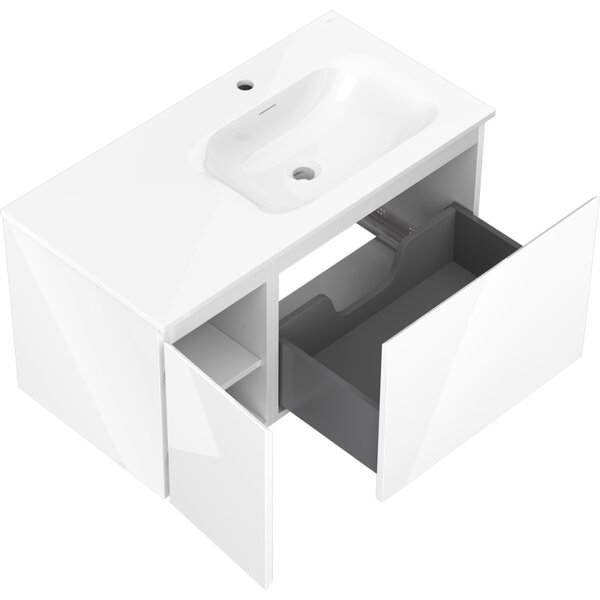 Mexen Orio, koupelnová skříňka 90 cm s pravým umyvadlem Vela, 1S, 1D, bílá lesklá, 91A13-09047-3-BBFF00-W23P00
