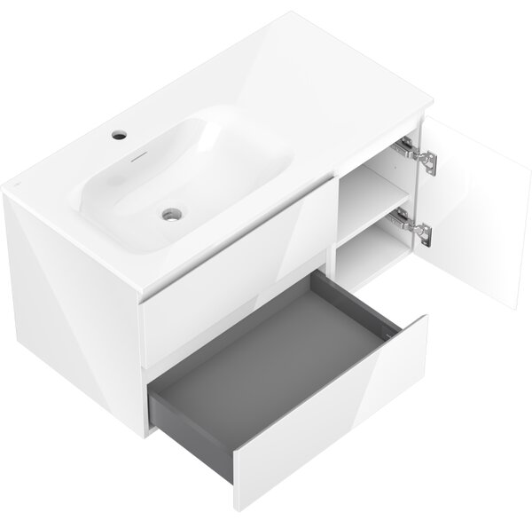 Mexen Orio, koupelnová skříňka 90 cm s umyvadlem Vela levá, 2S, 1D, bílá lesklá, 91A13-09047-3-BBFFF00-W23L00